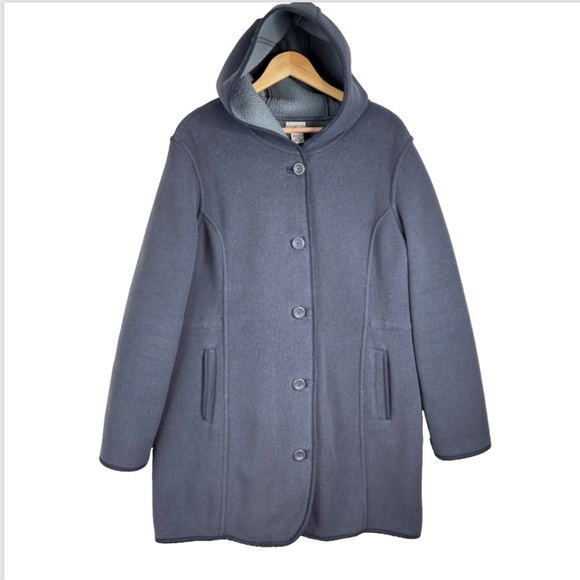 LL Bean Fleece Duffle Coat XL Hood Pocket Charcoal Retro Fall 90s Preppy Classic - Picture 10 of 10